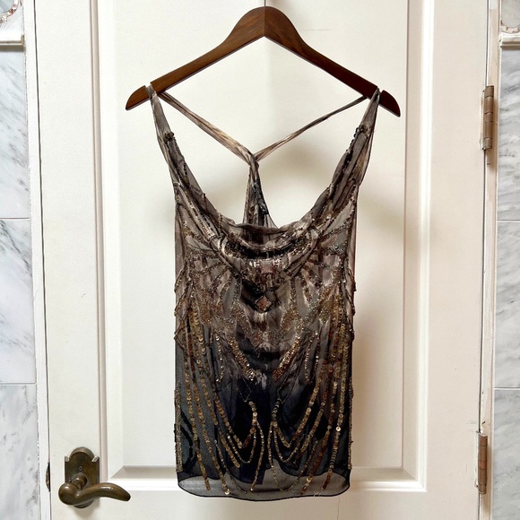 ALLSAINTS Elena SILK Metallic BEADED SEQUIN chocolate Cowl Tank Top Sz US4/UK8 - Picture 2 of 7